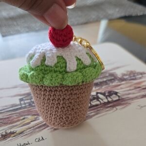 Crochet Cupcake Keychain with Cherry Top